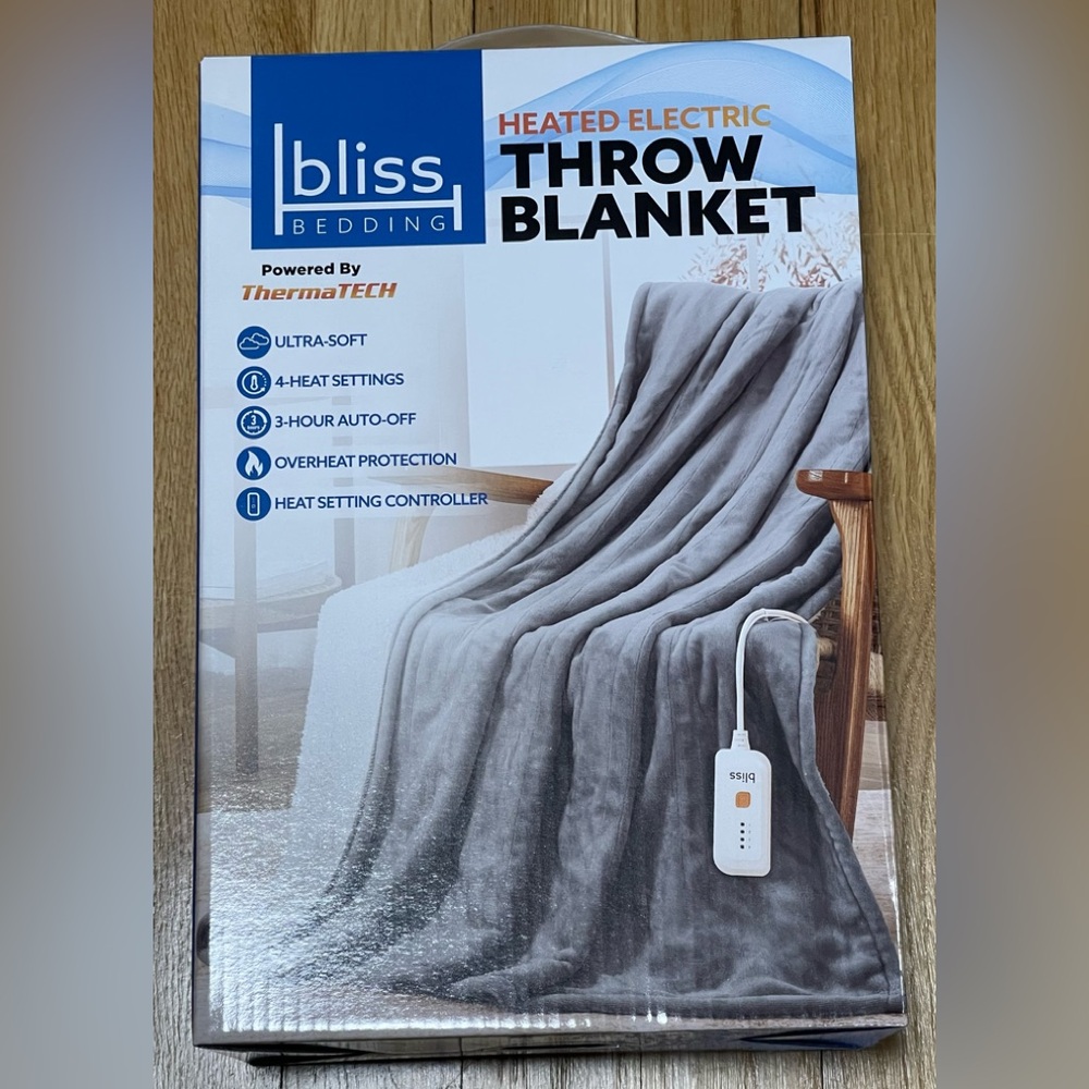 NEW Bliss Heated Electric Throw Blanket - Gray